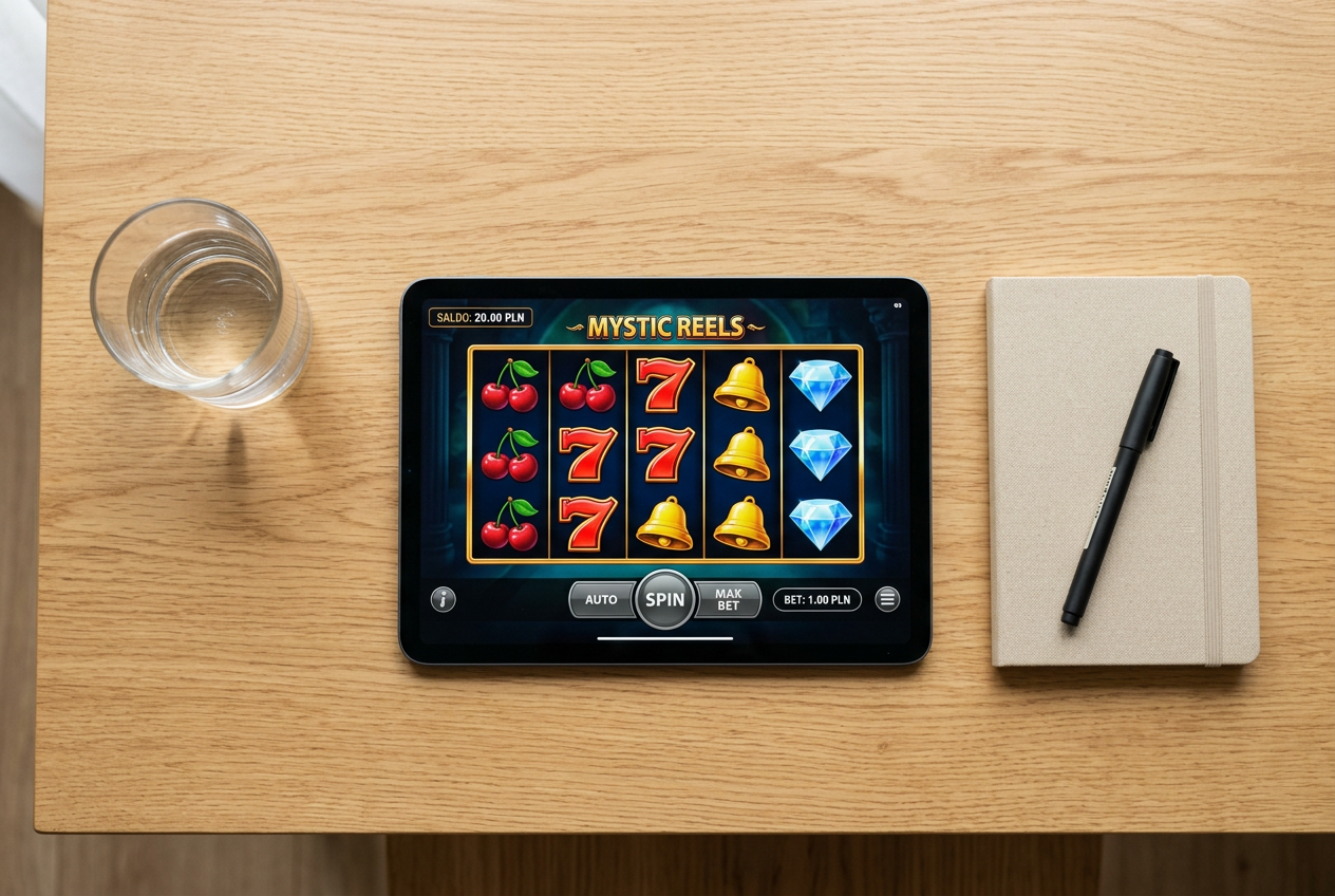A tablet on a desk showing an online slot game with a small balance.