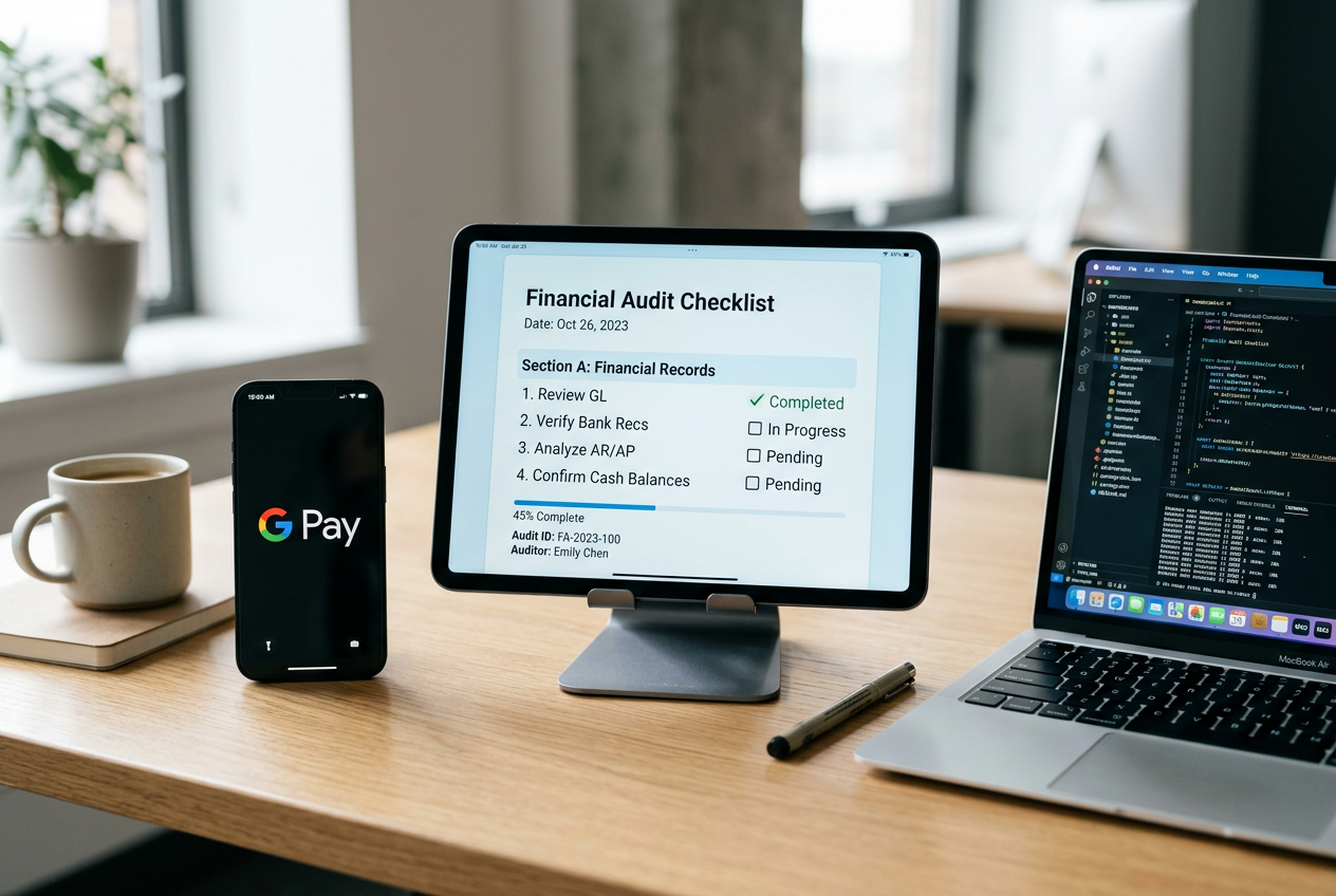 A digital checklist on a tablet screen next to a coffee cup and a smartphone