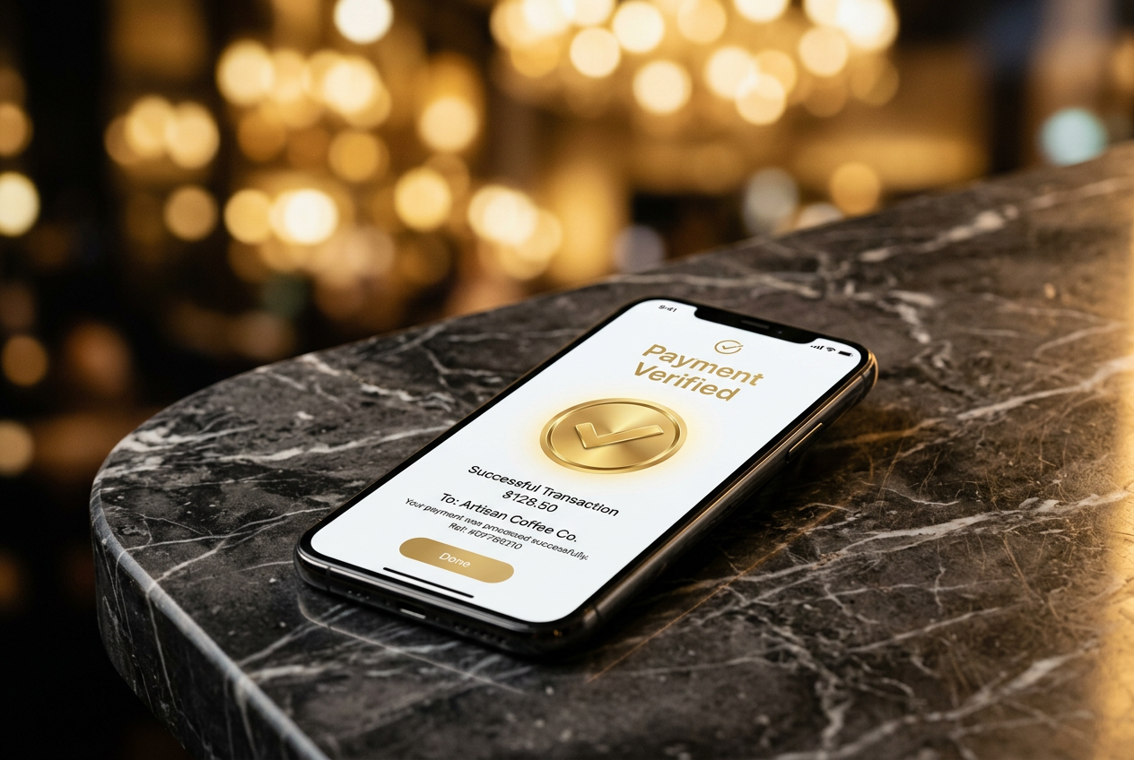 A golden verification badge floating over a high-tech smartphone