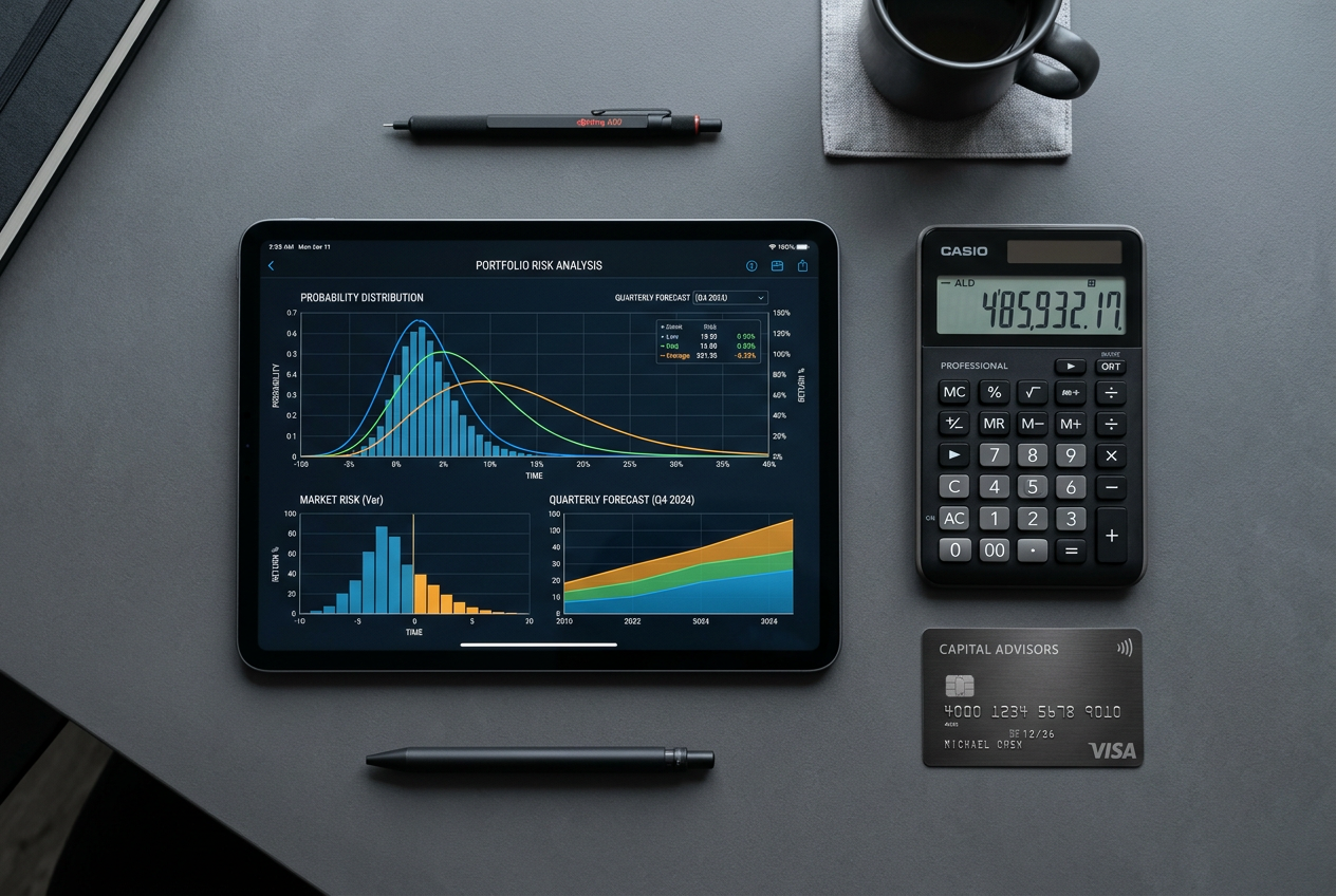 Tablet z wykresami prawdopodobieństwa i kalkulator finansowy na biurku analityka.